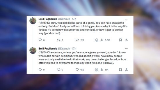A pair of tweets, talking about critics and players who don't get game development. 