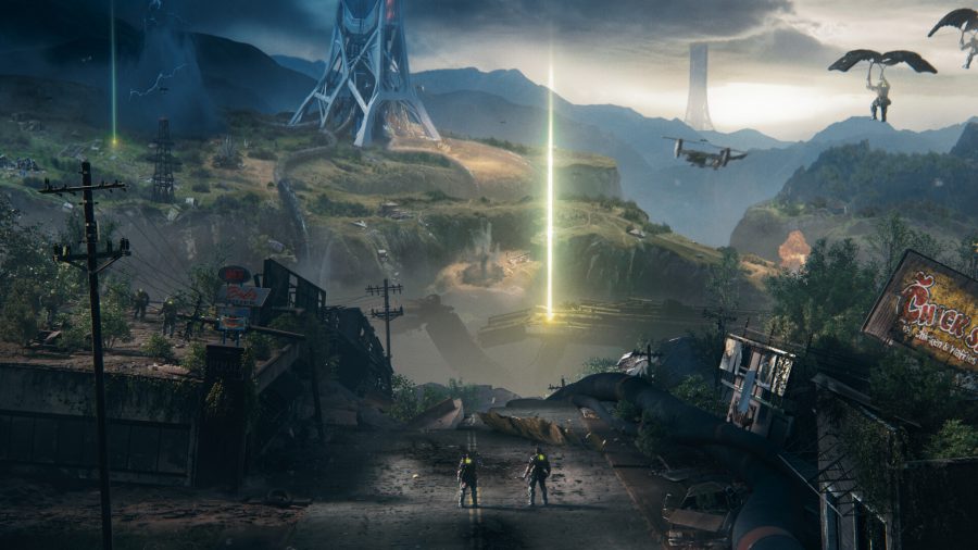 Exoborne: Two soldiers standing in a ruined city looking up at a strange golden glowing light on the horizon as futuristic spaceships fly past