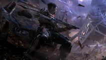 Exoborne learns from devs' ill-fated battle royale game Bloodhunt: A man in combat gear holding a rifle looking up at a pylon with a purple sky and lightning sparking