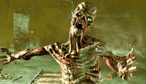 Fallout 3 free: A horribly burned ghoul approaching the player character in a tunnel.