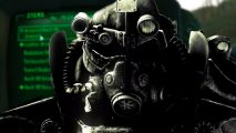 Fallout inspiration: A person in Fallout 3 power armor looking straight ahead. Pip-boy interface in the background