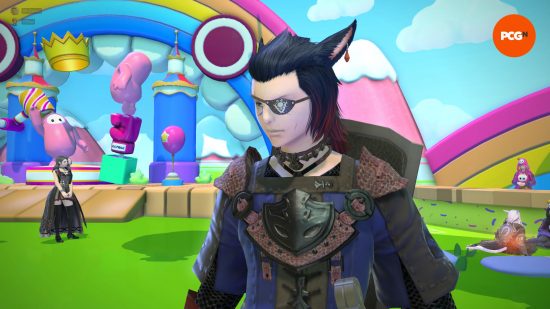 Final Fantasy 14 I hate MMORPGs: a blue-haired cat boy in a bright rainbow room, wearing an eye patch and looking pensive