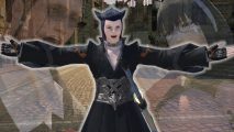 Final Fantasy 14 I hate MMORPGs: a blue-haired cat boy with arms stretched out wide, smile on his face in front of a cobbled raod and two transparent smiling people behind him