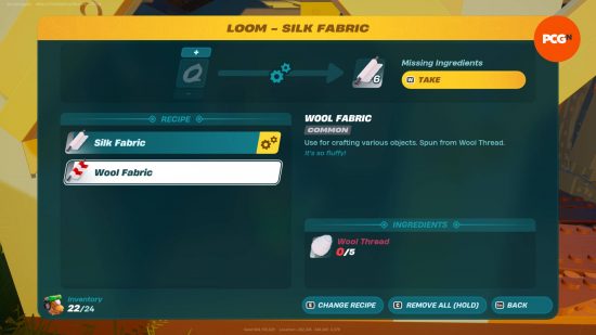 The Lego Fortnite loom interface, showing the recipe for wool fabric.