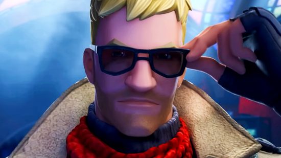 Fortnite OG will return in 2024 after exceeding expectations - A blonde man wearing a red jumper and sheepskin coat puts on a pair of sunglasses.