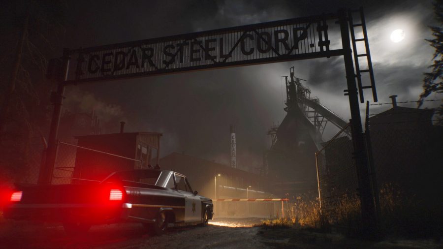 A police car sits at the entrance of Cedar Steel Corp, one of the locations in The Casting of Frank Stone.