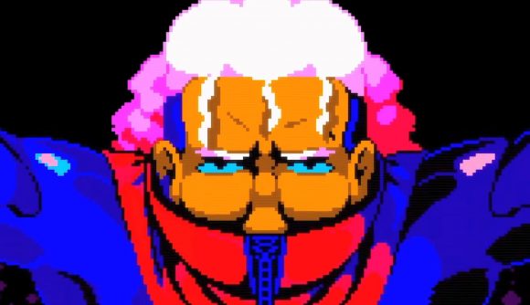 Furi demake free game: an 8-bit illustration of a man wearing a red snood with a zip, with long white hair and big blue shoulder pads