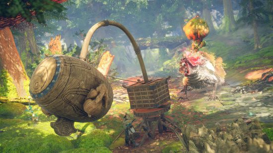 Games like Monster Hunter: a hunter is using a giant hammer-like contraption to try and bonk a giant rat with a plant growing out of its head in Wild Hearts.