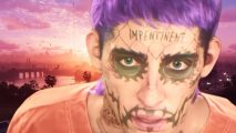 GTA 6 Florida Joker: an orange and purple city skyline with a man with purple hair, orange jumpsuit and face with tattoos on it