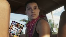 A woman looking into the back seat of a car, a copy of Grand Theft Auto 5 in her hand.