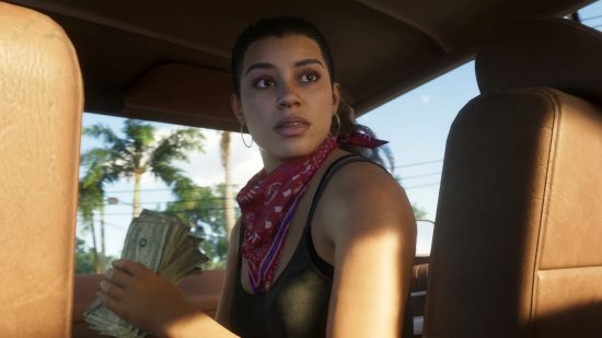 GTA 6 release date: Lucia glances out the back window of the getaway car being driven by Jason, clutching a wad of cash as police cars give chase.