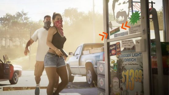 Orange arrows point to the GTA 6 soundtrack sticker for Tom Petty as a man and woman enter a store brandishing weapons