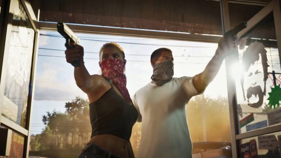 GTA 6 voice actors: Lucia and Jason are wearing balaclavas over their faces and pointing pistols in through the door of a store.