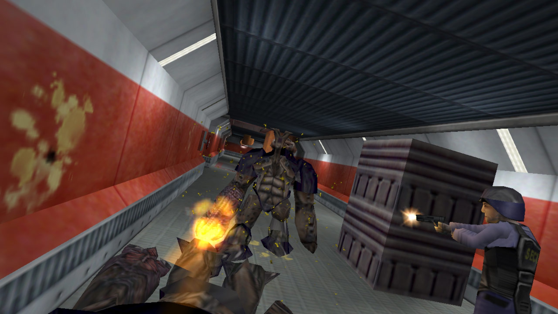 Half-Life retrospective: Guards shooting at alien enemies in Valve FPS game Half-Life