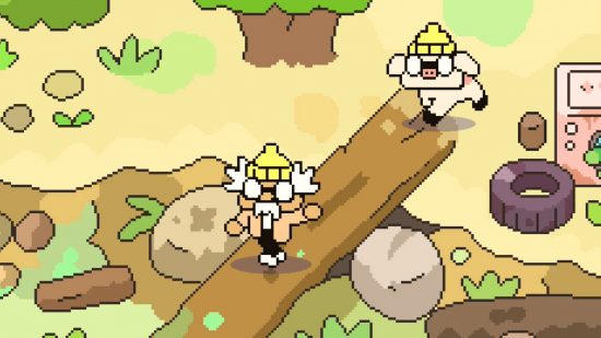 Hermit and Pig is like Stardew Valley as a turn-based RPG - An elderly man and his porcine companion, both wearing yellow beanie hats, cross a ditch by walking over a fallen log in a field.