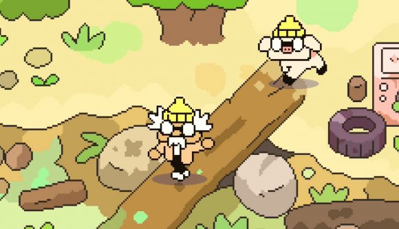 Hermit and Pig is like Stardew Valley as a turn-based RPG - An elderly man and his porcine companion, both wearing yellow beanie hats, cross a ditch by walking over a fallen log in a field.