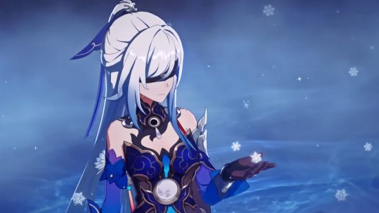 Jingliu, one of the best characters on our Honkai Star Rail tier list, holds a snowflake in the palm of her hand.
