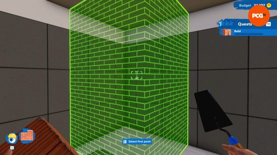 An area is highlighted green to indicate where a wall should be built in House Flipper 2.