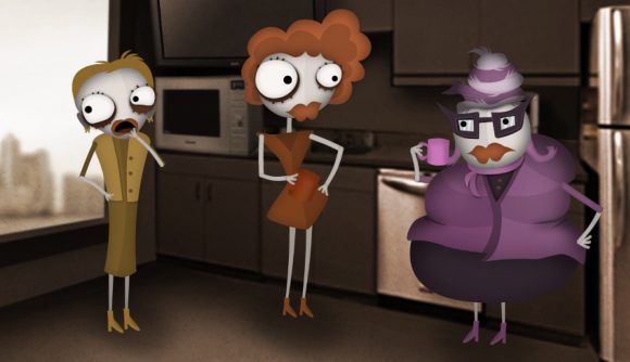 Three cartoon women standing in an office canteen.