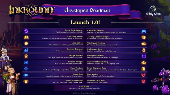 Roadmap für die Veröffentlichung von Inkbound 1.0 – Eine Liste von Funktionen, die Entwickler Shiny Shoe vor der vollständigen Veröffentlichung des Spiels auf Steam implementieren möchte.