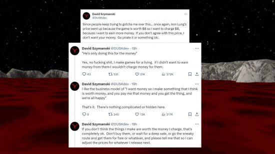 Iron Lung Steam price increase: an image of some David Szymanski tweets on a red ocean background