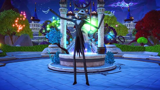 Jack Skellington stands in front of the Plaza Wishing Well in Dreamlight Valley.