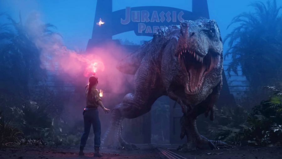 A woman with a red flare standing infront of a t-rex in Jurassic Park: Survival
