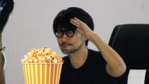 Hideo Kojima with a badly photoshopped bucket of popcorn.
