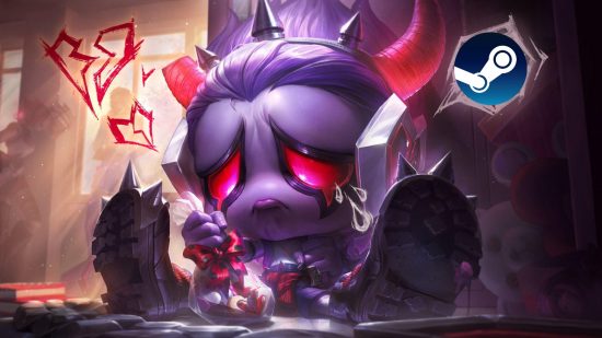 League of Legends isn't coming to Steam, sorry: A little boy with purple skin, pink crying eyes rimmed with black, and a spikey crown sits crying with hand drawn lovehearts around him, and the Steam logo in a speech bubble