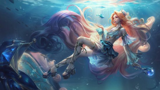 A beautiful woman floating in the sea with long, peach hair that fades to purple raises a hand to look at a little fish wearing a frilled white and blue outfit