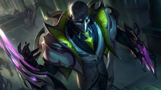 Riot intentionally keeps one League of Legends champion weak: A masked man wearing a white suit with a green tie walking away from a fancy car as a shadow of him watches from behind him