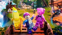 A blue and pink Lego minifigure in a brightly-coloured landscape, with a bear and a banana minifig next to them.