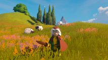 Lego Rogue, armed with a sword and shield, is defending three sheep grazing on a hill, as they're precious Lego Fortnite animals.