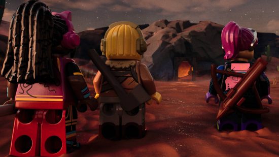 Lego Fortnite Brightcore: a cave in the desert with several Lego explorers about to venture inside.