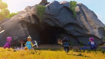 Four brave Lego explorers are running towards one of the many Lego Fortnite caves.