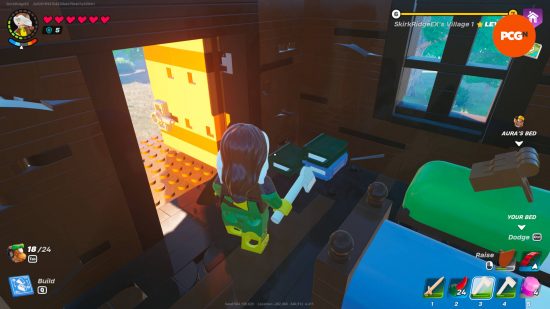 Lego Fortnite crafting recipes: a player standing in front of some books on a cabin floor.