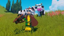 Lego Rogue is standing next to a herd of cows, waiting for them to produce Lego Fortnite fertlizer.