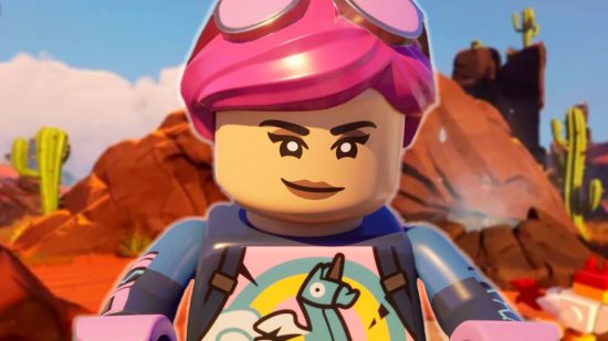 A Fortnite Lego character with pink hair has a determined look as she searches for Lego Fortnite flexwood on a backdrop of the desert biome.