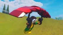 Rogue is floating in the air using the Lego Fortnite glider.
