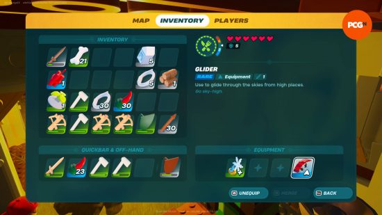 The inventory menu with the Lego Fortnite glider equipped in the lower-right slot.