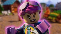 The Lego Fortnite map: a pink-haired Lego character waves