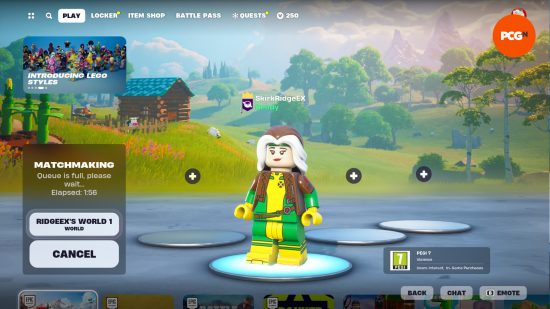 Lego Fortnite - A Lego figure of Rogue from X-Men waits in a queue that's listed as 'full' with a two-minute wait.