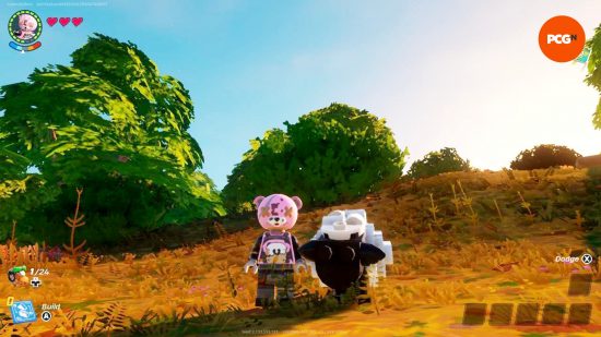 A Lego Fortnite player in a Ragsy skin stands next to a sheep in-game, the producer of Lego Fortnite wool.
