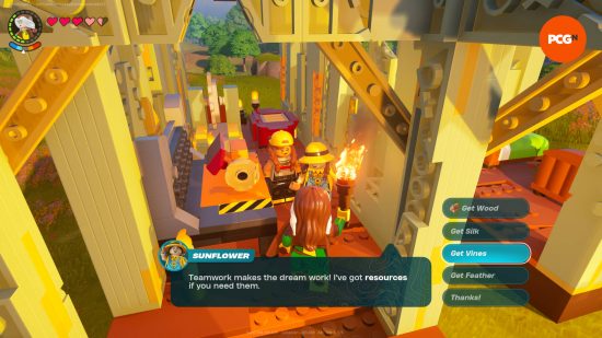 Lego Rogue is talking to Lego Sunflower in the Lego Fortnite village about foraging for items.