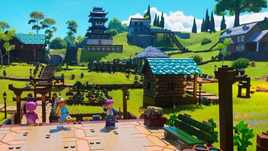A settlement full of Lego Fortnite villagers performing their day-to-day jobs.