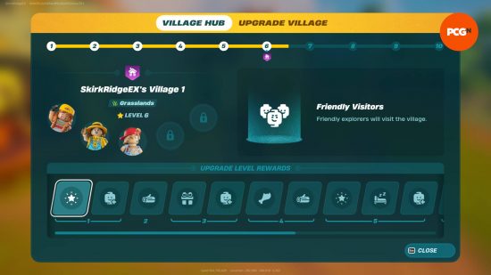 The Lego Fortnite villagers upgrade screen, with the villager level indicating the current perks.