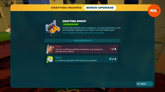 The requirements to upgrade the crafting bench to make better Fortnite weapons and tools.