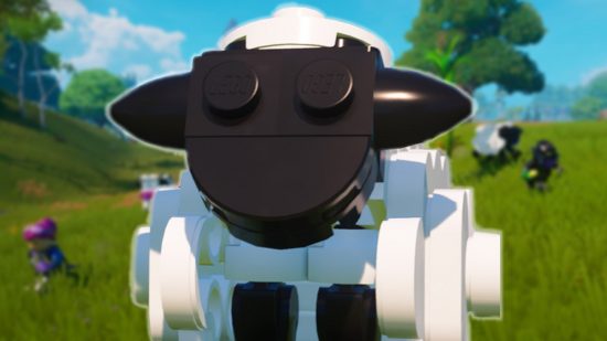How to craft Lego Fortnite wool and loom: A lego sheep in front of a large green patch of grass in Lego Fortnite.