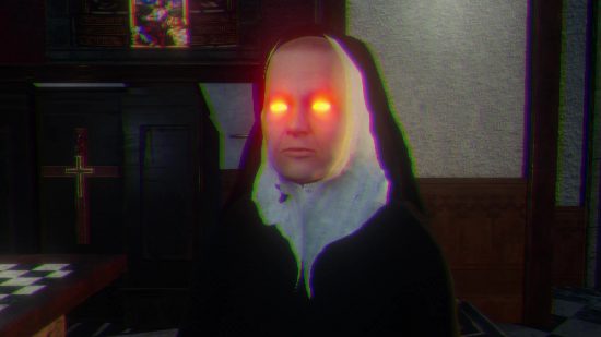 A nun with glowing red eyes.