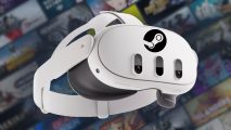 A Meta Quest 3 headset with the Steam logo on its visor, against a backdrop of blurred Steam game tiles